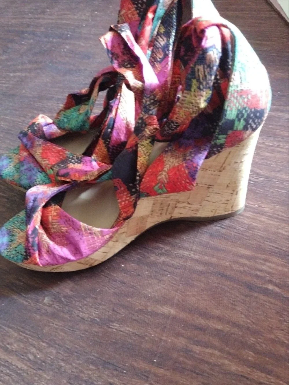Impo Multicolor Ankle Tie Cork Wedge Sandals With Memory Foam Size 8.5 NWOT